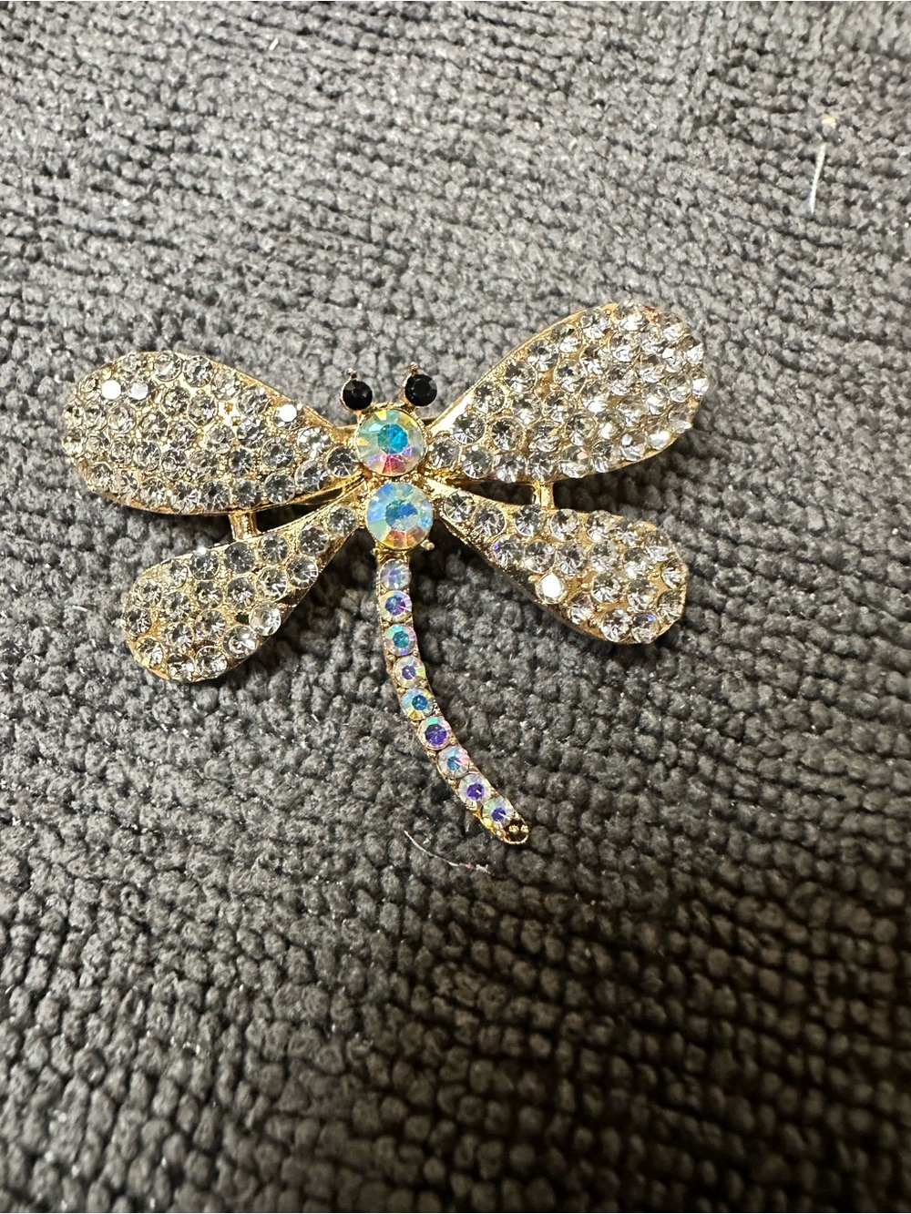 Unk Gold-Tone Dragonfly Brooch with Clear and Aurora Borealis Crystals